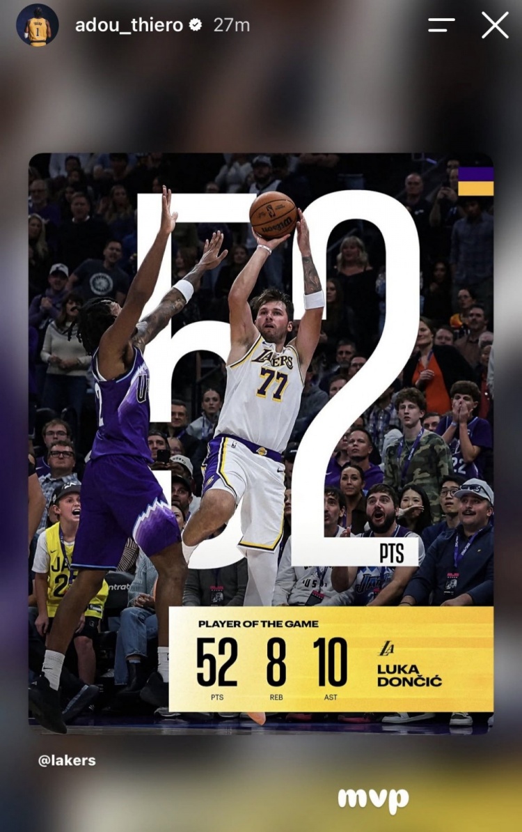 这么打有戏！蒂耶罗转发东契奇单场52+8+10数据海报并配文：MVP