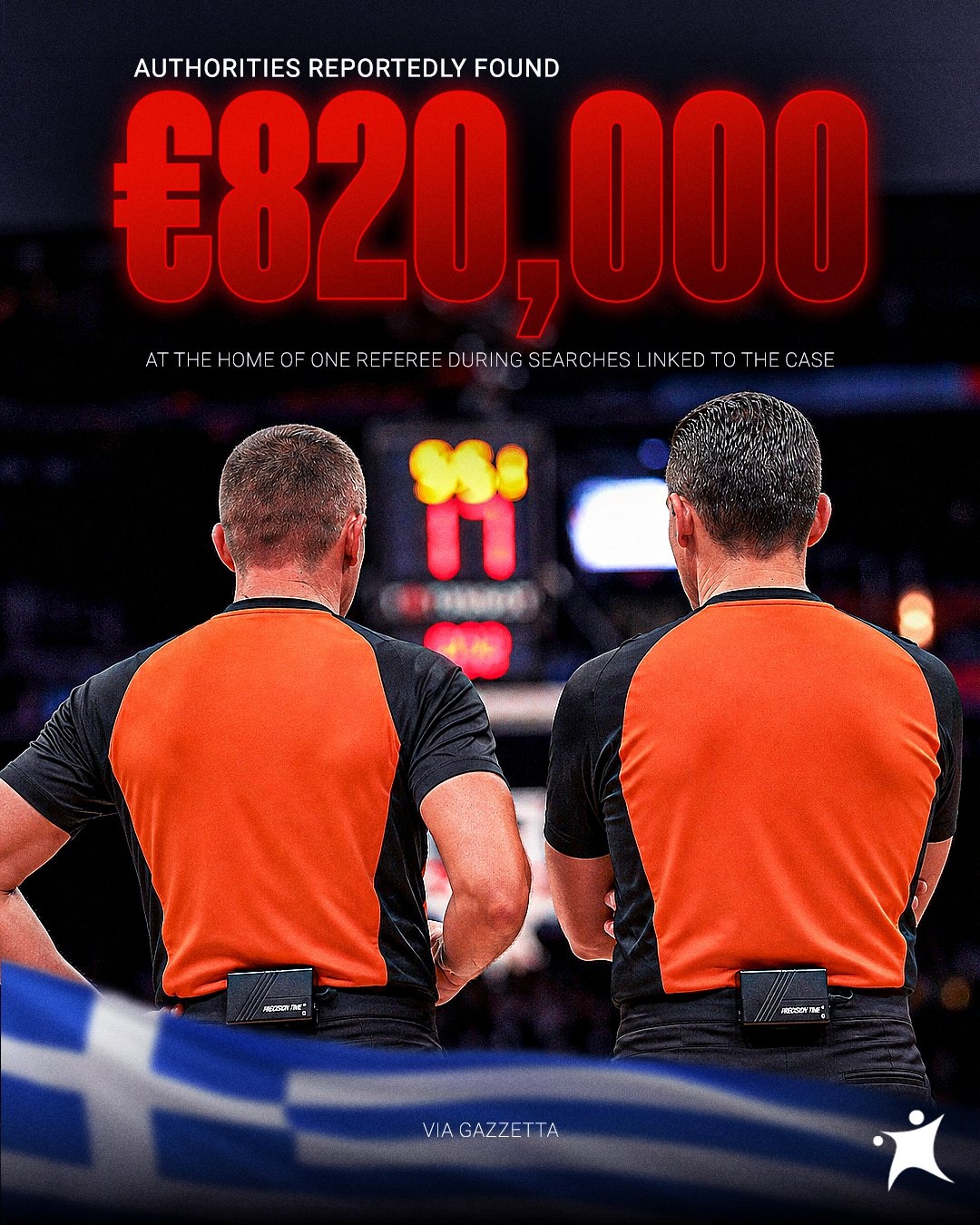 欧媒：一名参与希腊篮协操纵比赛及非法赌球的裁判家中搜出82万欧